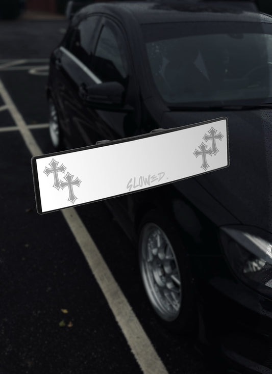 double cross engraved mirror